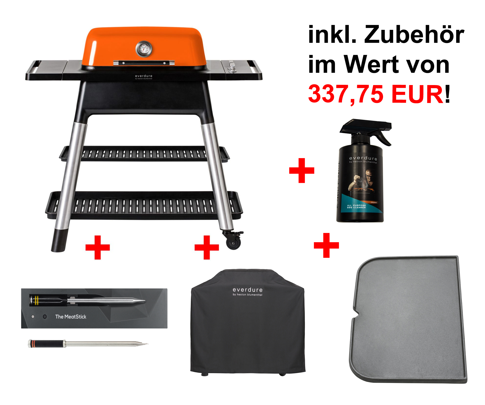 Everdure FORCE Orange inkl. Haube, Gussplatte, Reinigungsspray, kabellosen Bluetooth Meatstick & zweiten Stick