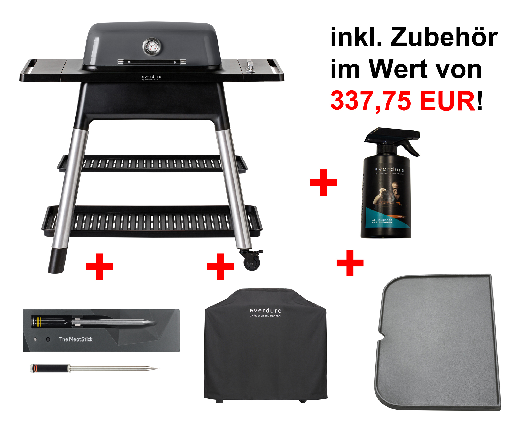 Everdure FORCE Graphite inkl. Haube, Gussplatte, Reinigungsspray, kabellosen Bluetooth Meatstick & zweiten Stick
